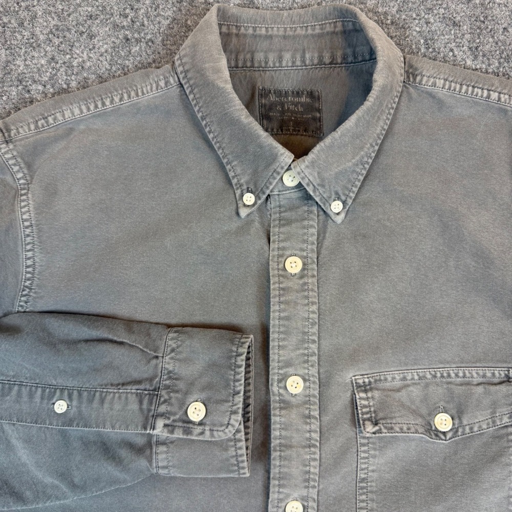Abercrombie & Fitch Mens Large Gray Canvas Button Down Shirt Long Sleeve Gray